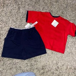 Blue shorts with red top, 3-6 months